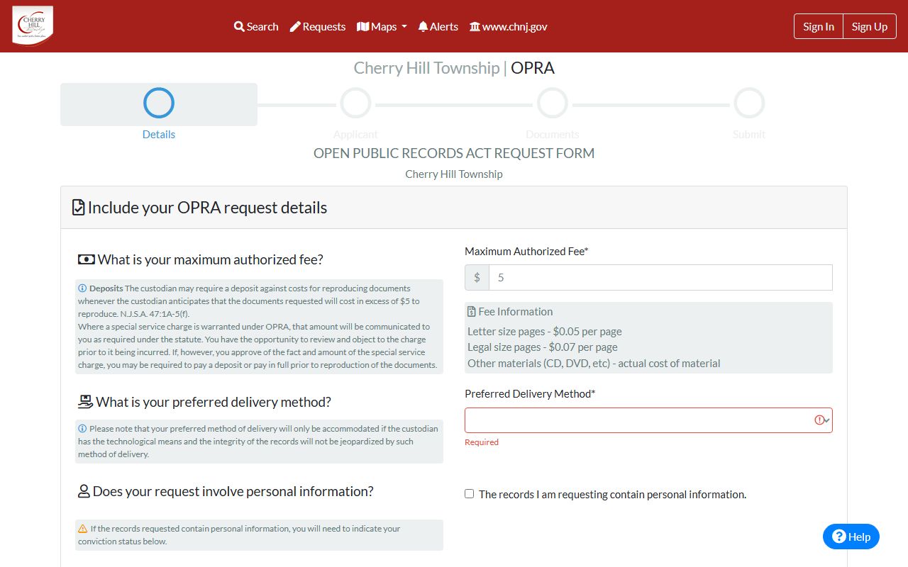 Cherry Hill Township OPRA portal for requesting busted mugshots and arrest records