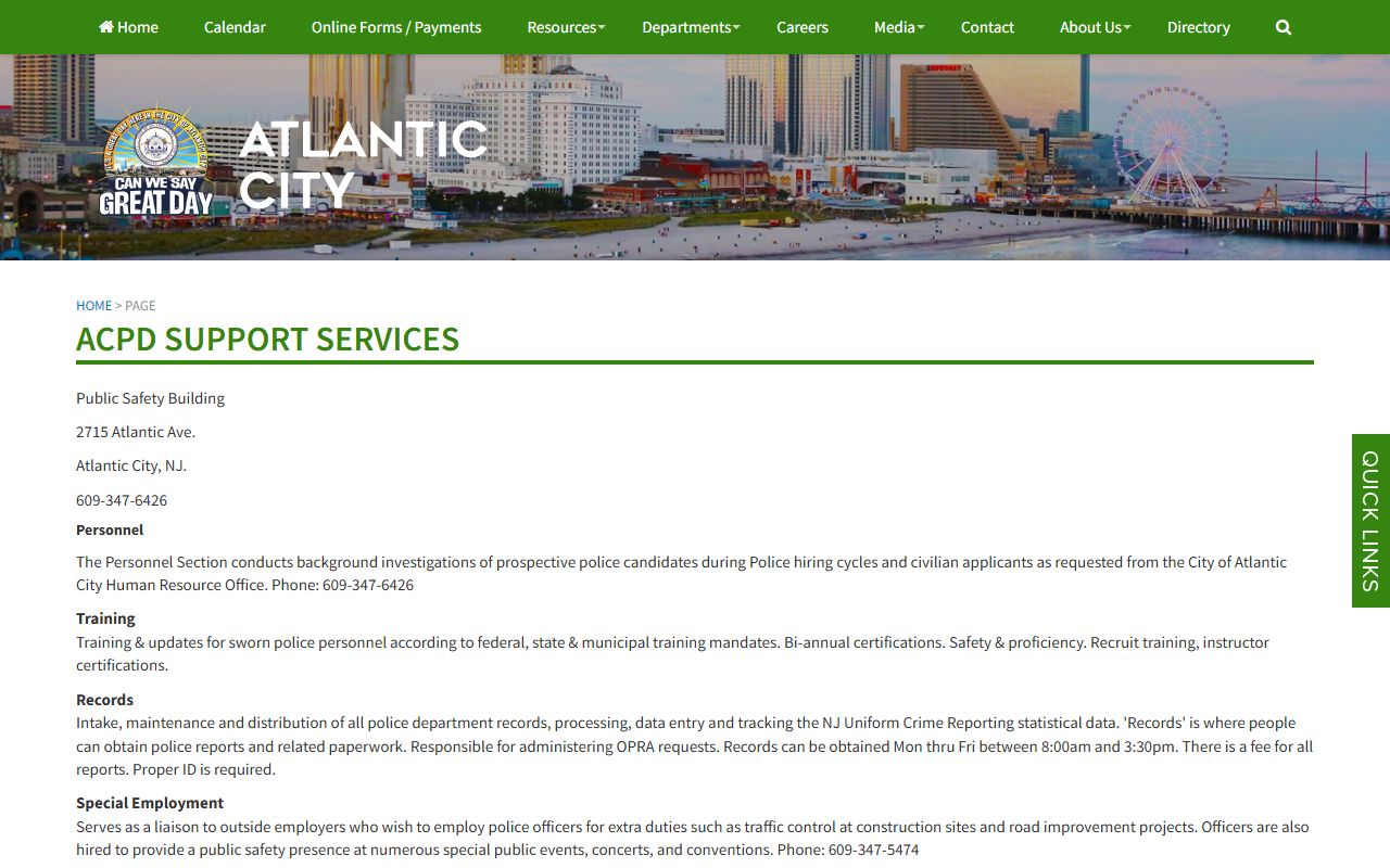 Atlantic City Police Department support services page for arrest records in Atlantic County