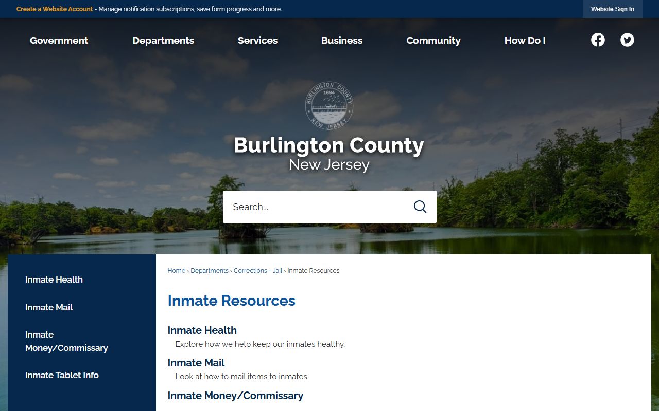 Burlington County Department of Corrections inmate resources page for booking records