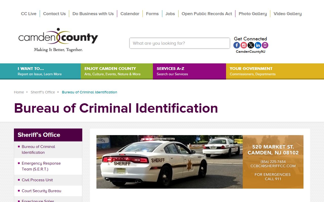 Camden County Bureau of Criminal Identification page with booking record details