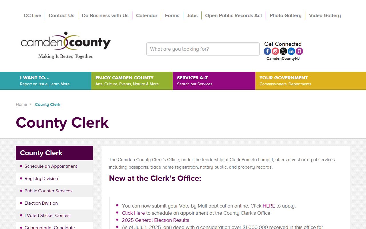 Camden County Clerk's Office webpage for public records and court documents