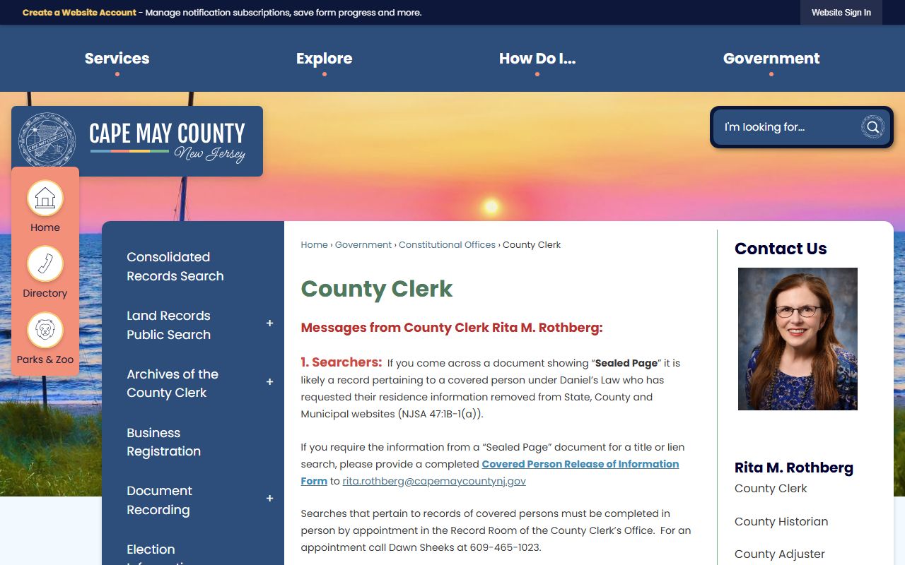 Cape May County Clerk's Office webpage for public records and court filings