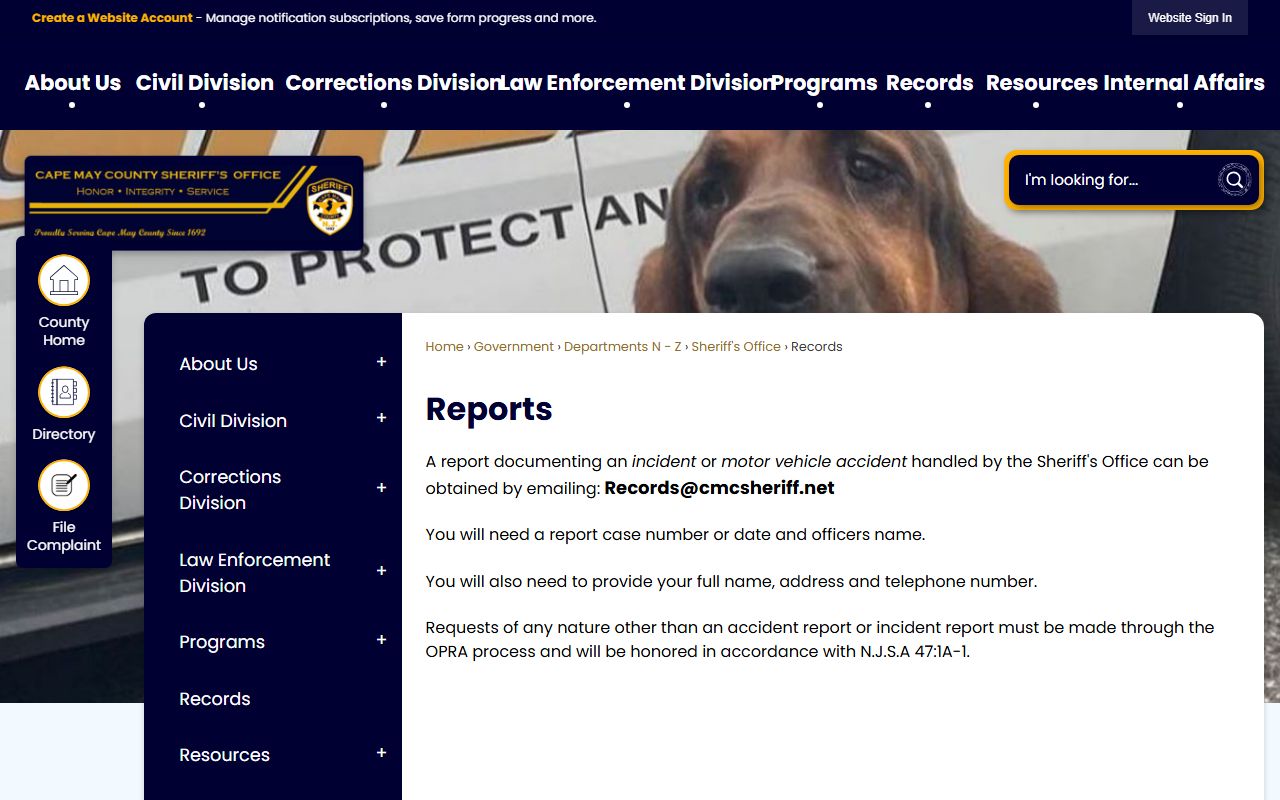 Cape May County Records page with information on arrest and booking record access