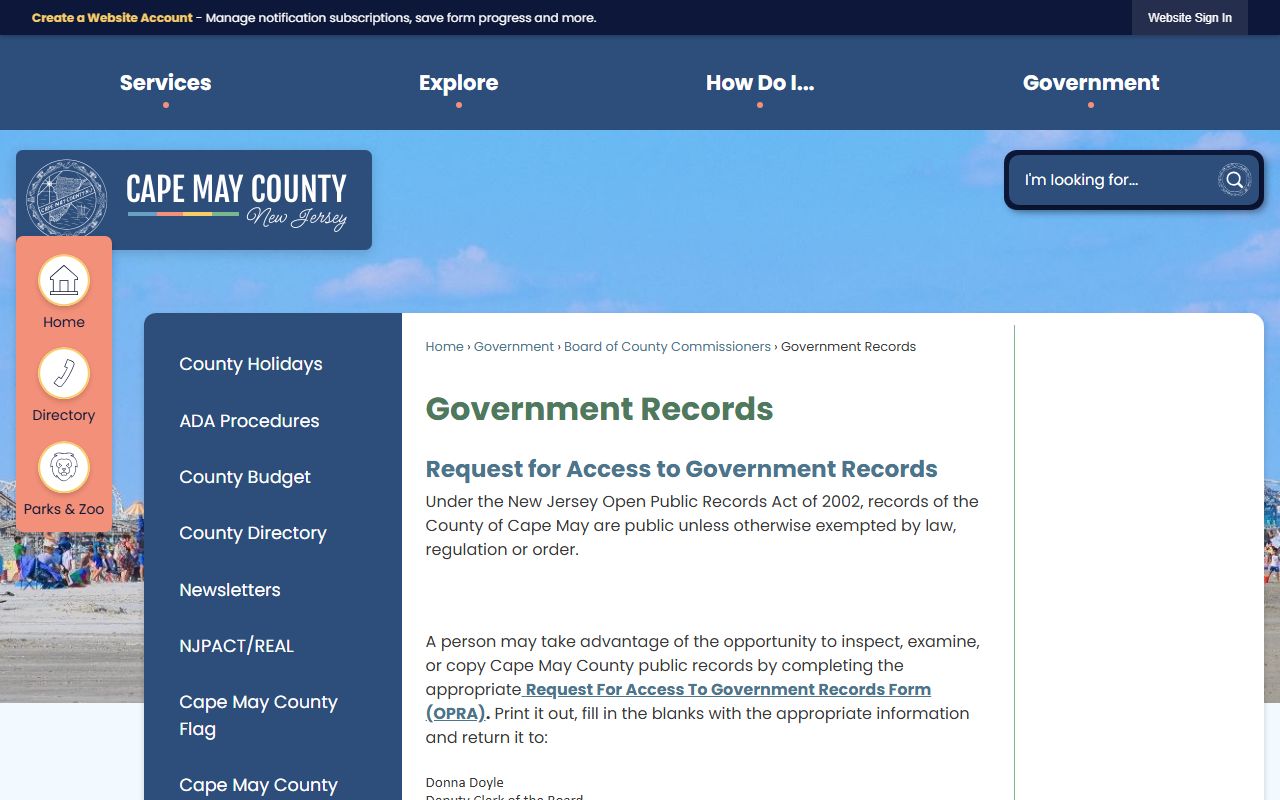 Cape May County Government Records page with public access information