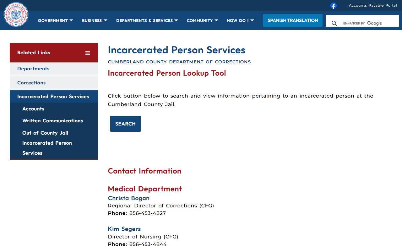 Cumberland County incarcerated person services page for visitation info
