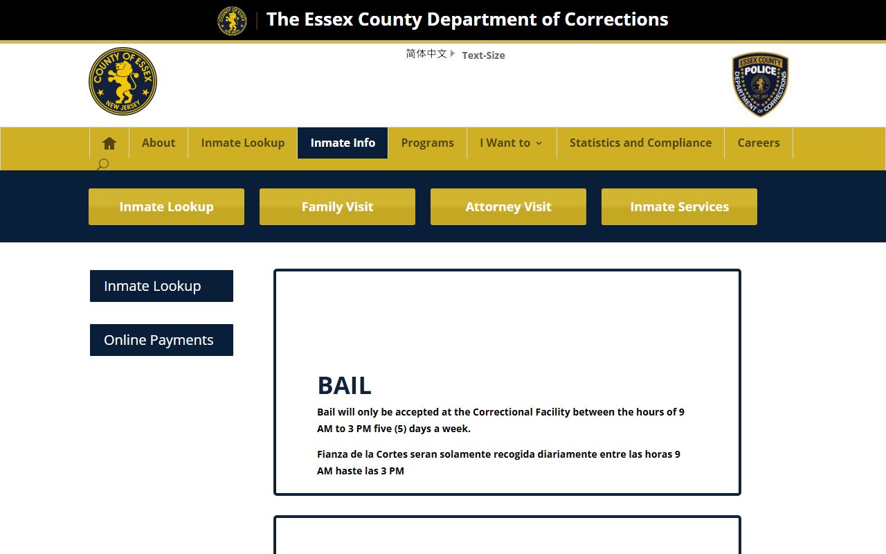 Essex County DOC inmate information portal for Newark bookings