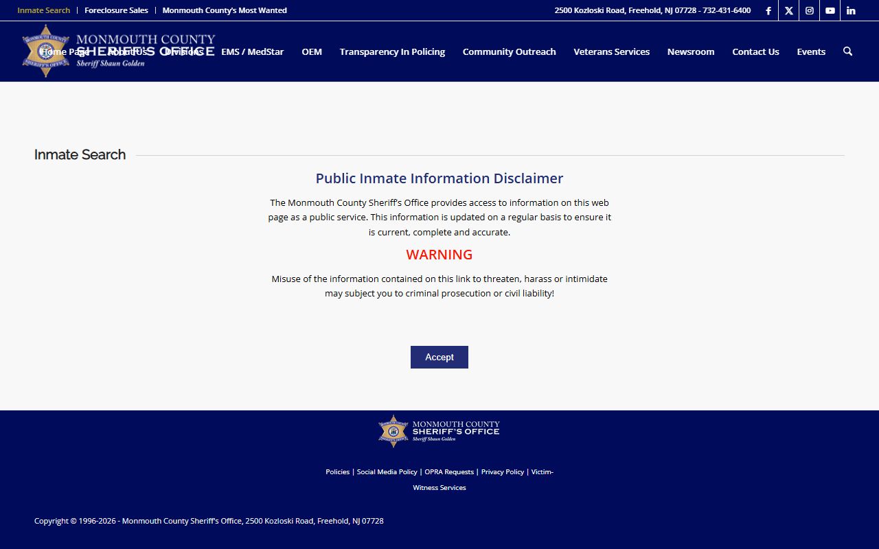 Monmouth County Corrections inmate search tool for jail records and booking data