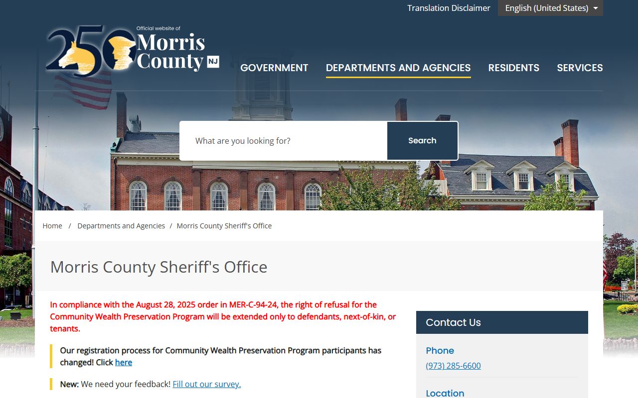 Morris County Sheriff's Office website for arrest records and law enforcement services