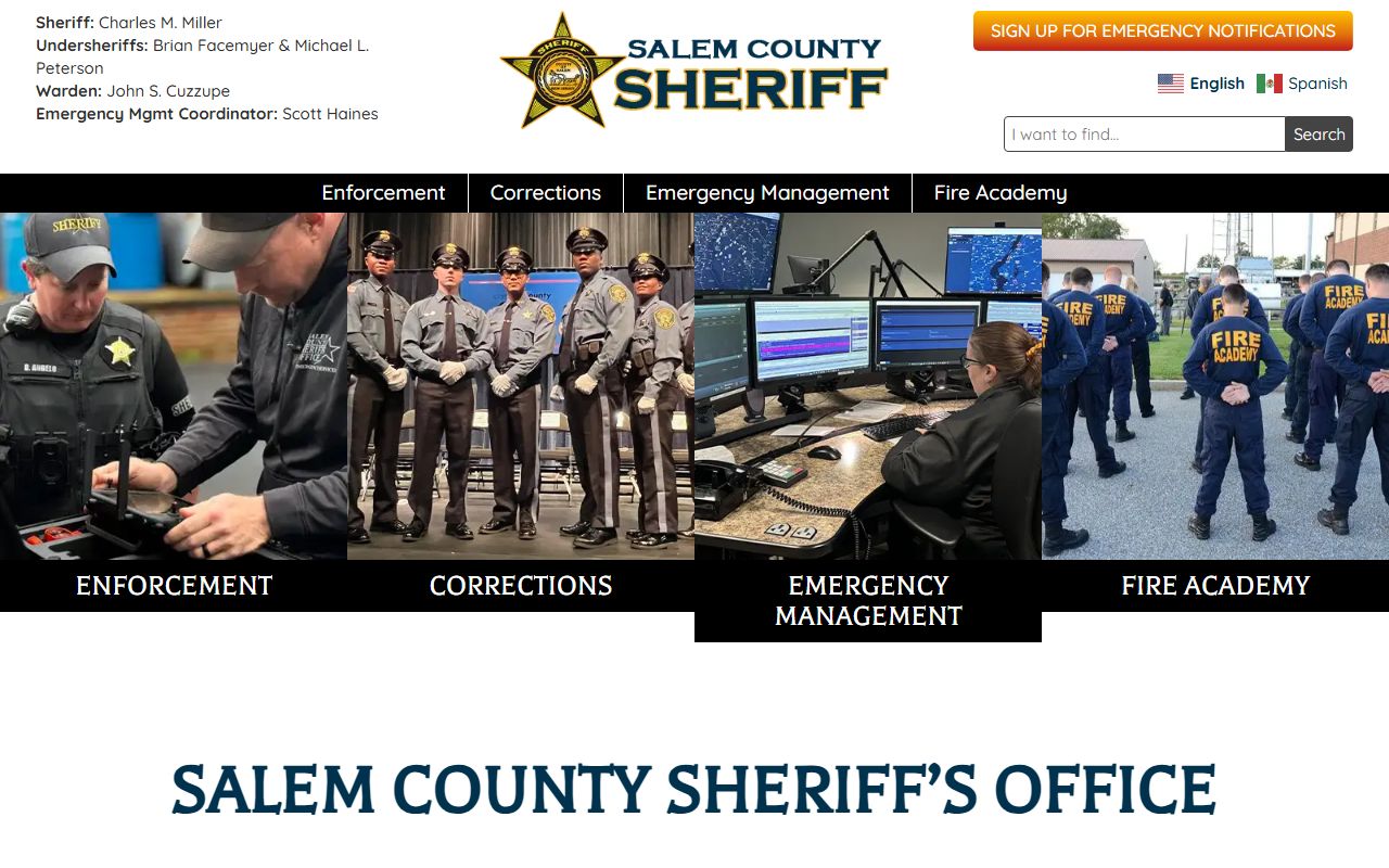 Salem County Sheriff's Office website showing contact information and services for arrest records