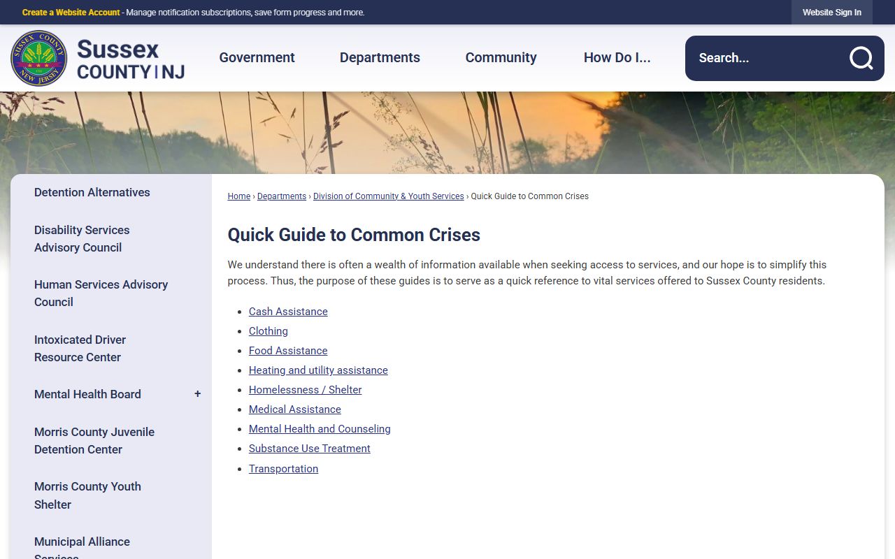 Sussex County Sheriff's Office webpage showing services and public contact information