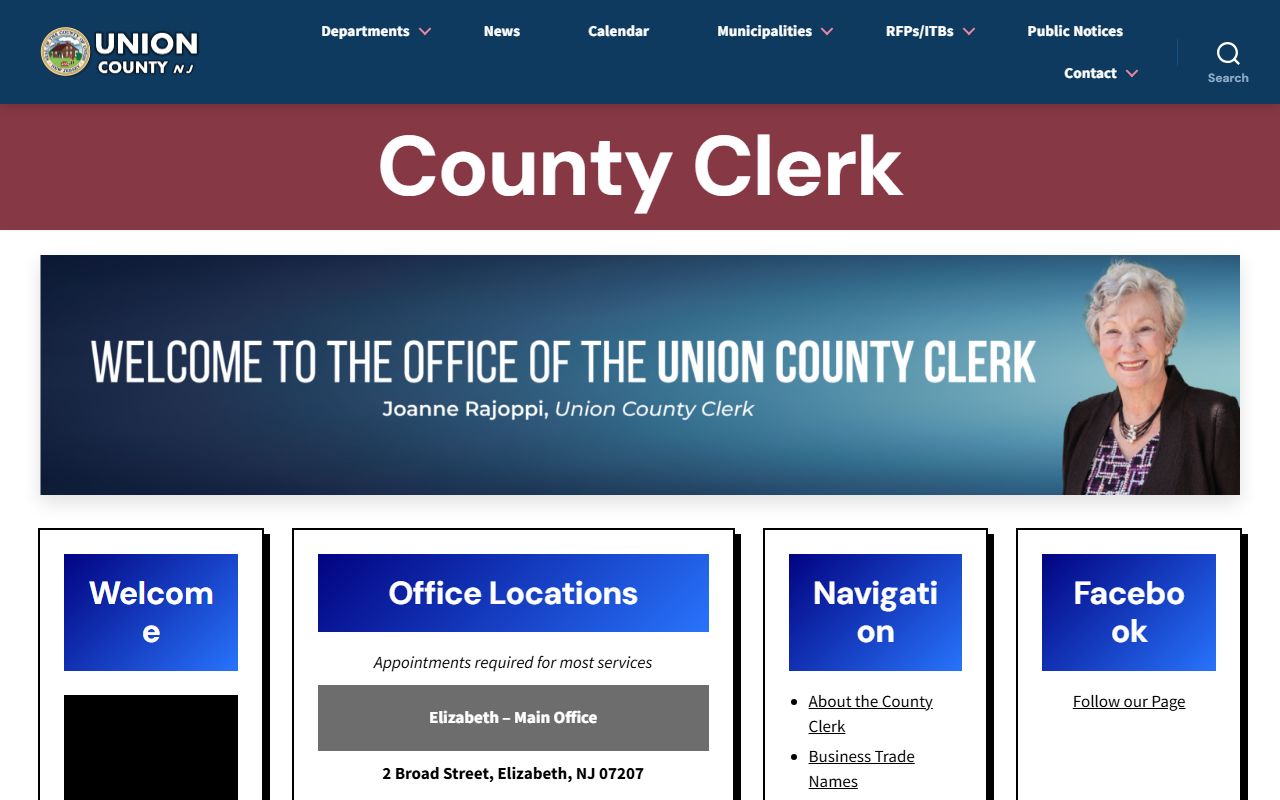 Union County Clerk's Office website showing public records services and contact details