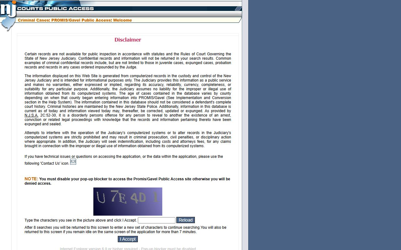 New Jersey Courts PROMIS Gavel public access for busted mugshots case lookup